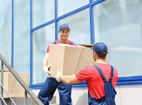 Moving truck loaded for a Barnes property relocation near local residential streets