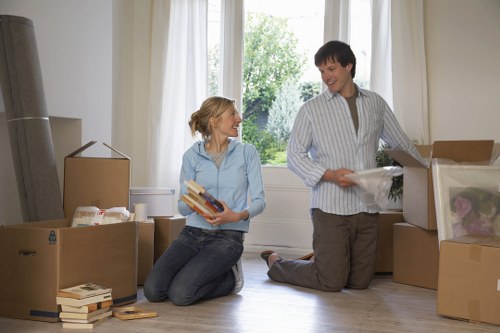 Packed office furniture and equipment ready for transport
